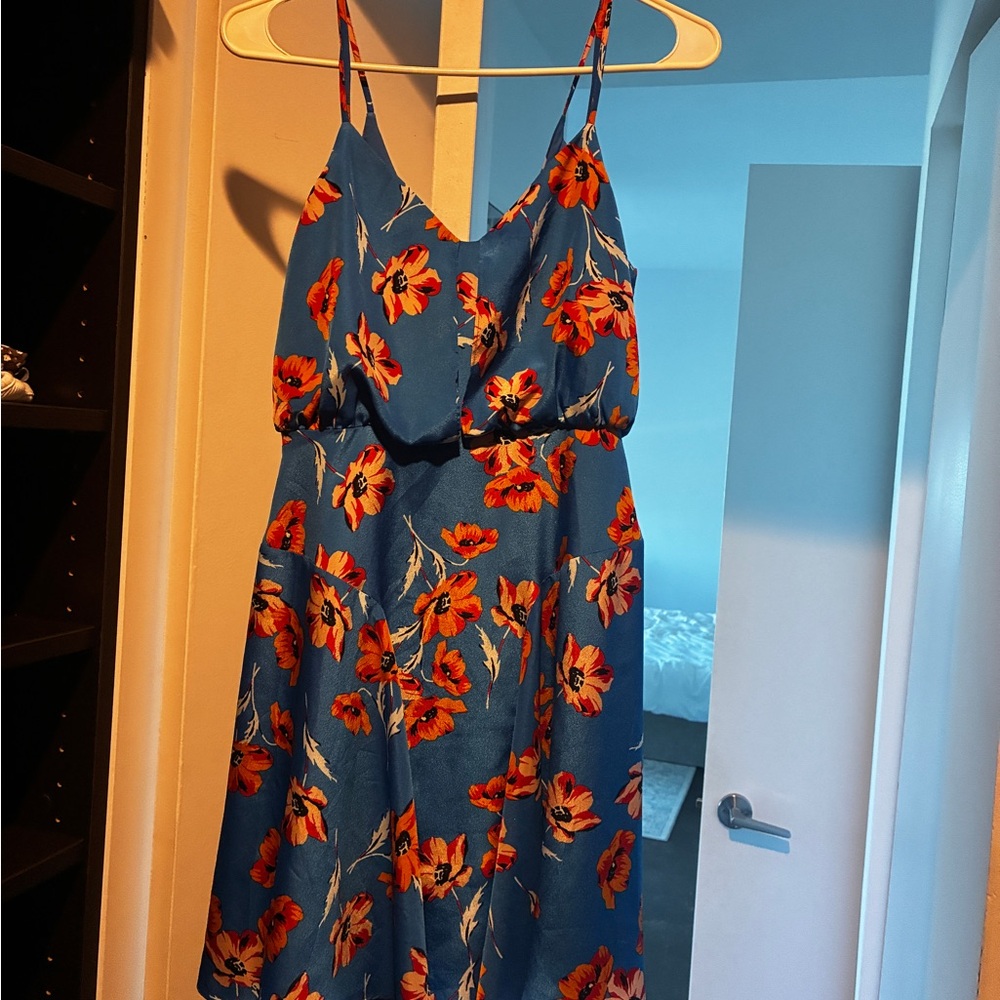 Blue Floral Spaghetti Strap Sundress with Orange Flowers